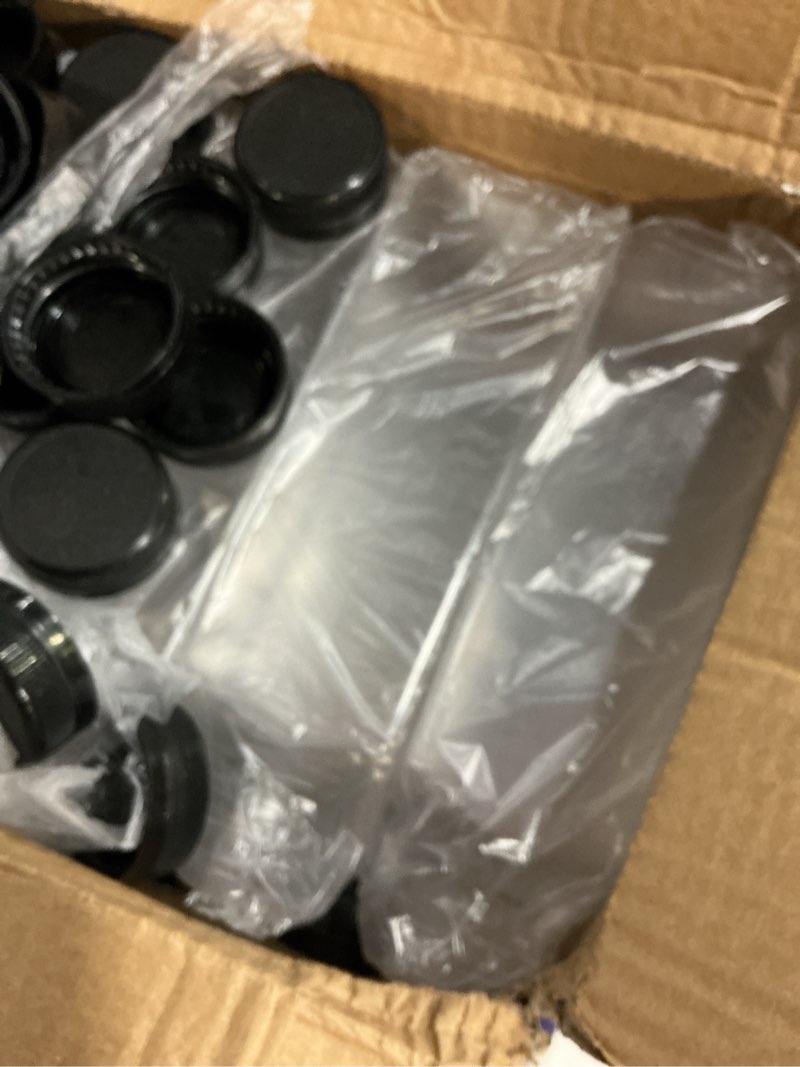Condition photo showing New/Like New for 42pcs 16oz plastic juice bottles with caps, clear empty reusable juice containers with lids, brush, funnel and labels for drinking, smoothie, milk, tea and other beverages black lid 16oz 42pack