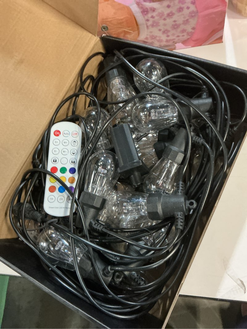 Condition photo showing As Is for Outdoor String Lights 50FT, Outdoor Lights for Patio with 20 Dimmable RGBW LED Bulbs, IP66 Waterproof Shatterproof, with APP Control & Remote, 24V Adapter Color Change,for Backyard Decor RGBW 50FT