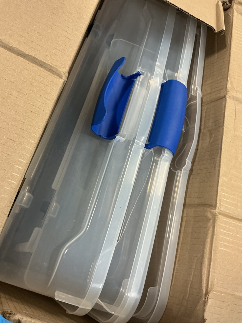 Condition photo showing As Is for homz 2-pack under bed storage, clear plastic containers with lids, 56 quart, blue latch - stackable underbed organizer bins for shoes, bags, clothes, and towels blue 56 quart