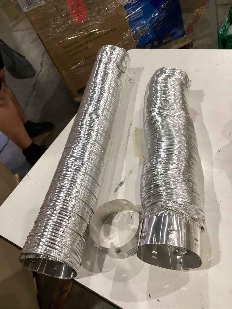 Condition photo showing As Is for lambro rigiflex semi-rigid silver flexible duct with quick connect collars for laundry closet installations