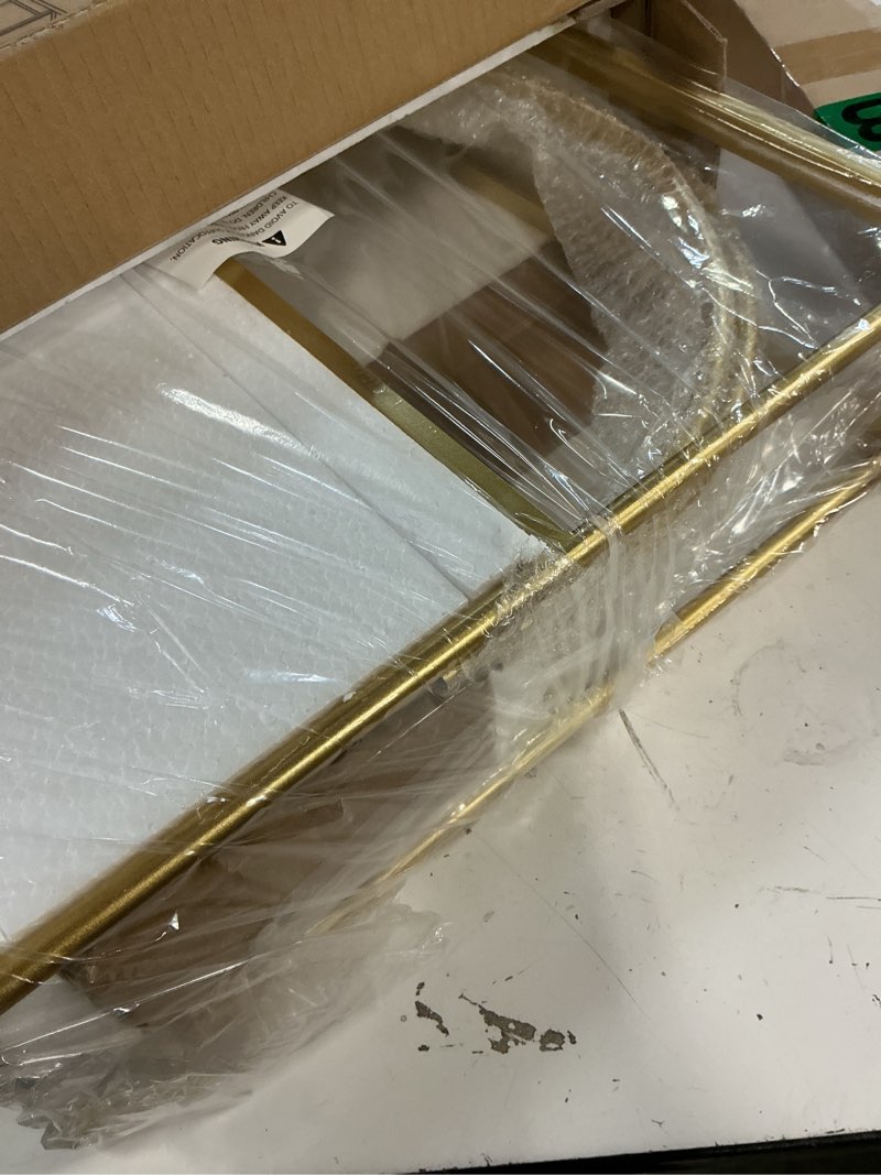 Condition photo showing Good Condition for crofy gold arched frame wall shelf, decorative 3 tier bathroom wall shelf with transparent tempered glass shelves and robust storage capacity, 5.1" d x 18.1" w x 28.9" h gold frame & transparent shelf 3 tier