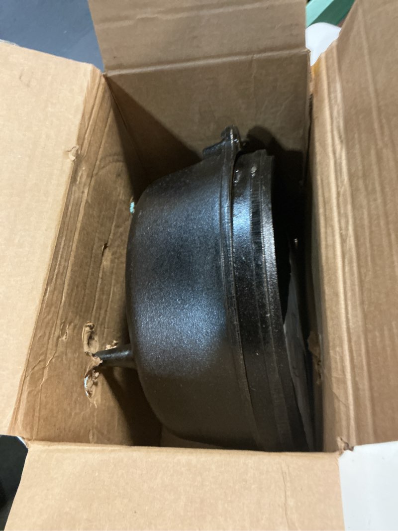 Condition photo showing As Is for lodge 4 quart pre-seasoned cast iron camp dutch oven with lid - dual handles - use in the oven, on the stove, on the grill or over the campfire - black 4-qt oven