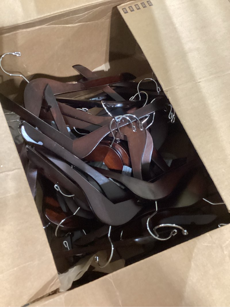 Condition photo showing As Is for Amber Home 20 Pack Vintage Wooden Coat Hangers, Walunt Wood Suit Hangers with Non Slip Pant Bar, Clothes Hangers for Shirts, Jackets, Dress, Pant (Retro, 20)