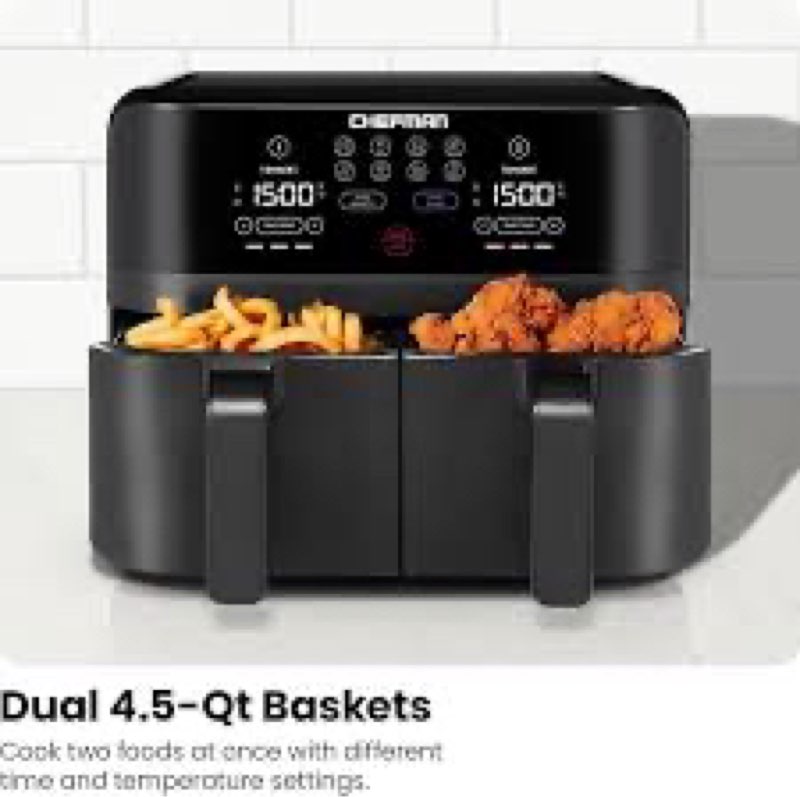 Chefman TurboFry Touch Dual Air Fryer, Maximize The Healthiest Meals With Double Basket Capacity, On