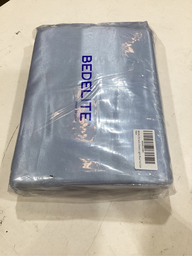 Condition photo showing New/Like New for bedelite satin sheets full size bed set, luxury soft light blue silky sheet for hair and skin, similar to silk bed sheets set 4 pieces with 1 deep pocket fitted sheet, 1 flat sheet, and 2 pillowcases light blue full