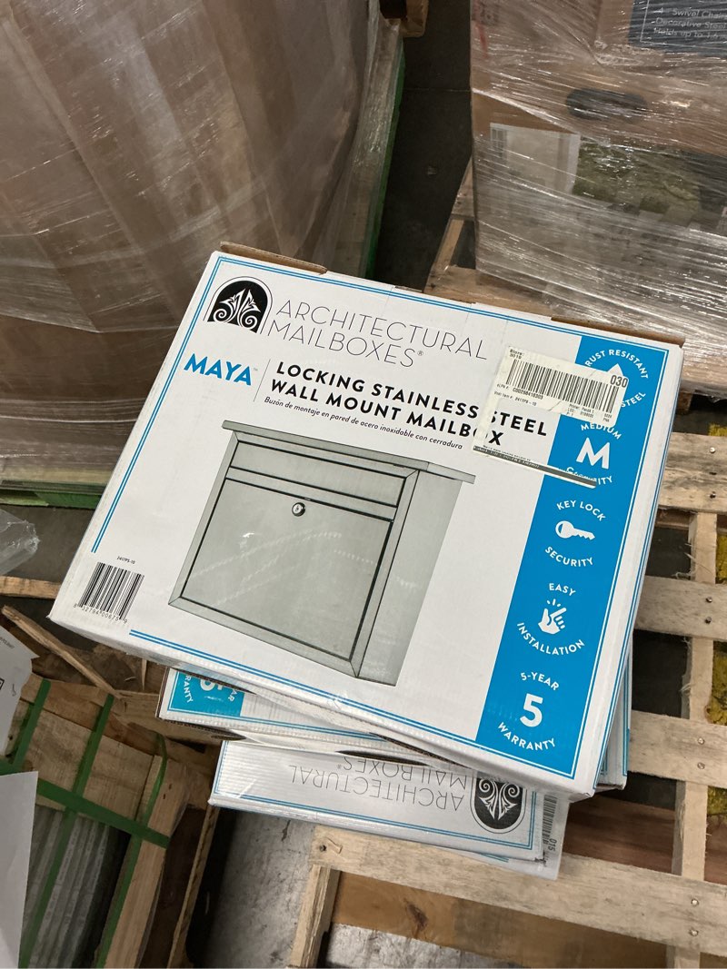 Condition photo showing New/Like New for architectural mailboxes maya classic stainless steel wall mount silver mailbox