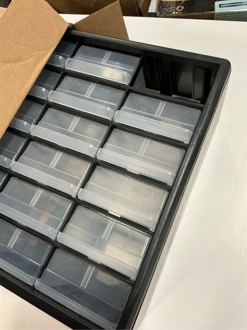 Condition photo showing As Is for akro-mils 24-drawer plastic drawer storage cabinet for garage organization, bead organizer, building bricks storage, teacher toolbox, makeup organizer, 20" w x 6" d x 16" h, 10124 black black 24 drawer 1 pack
