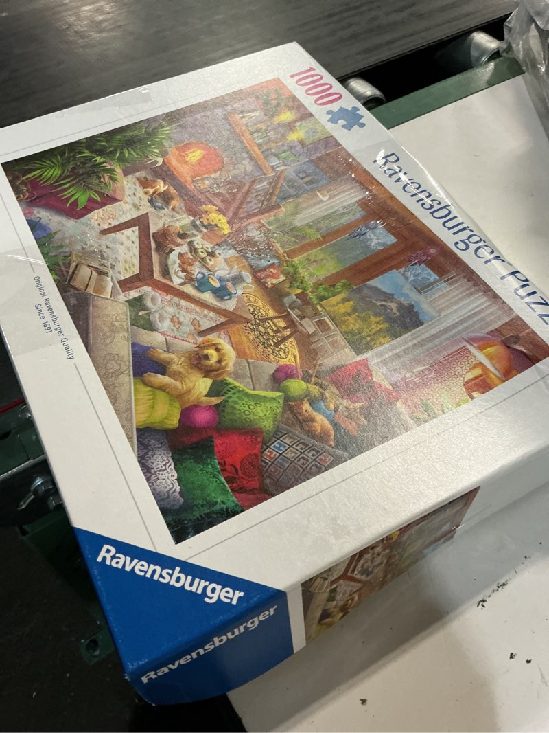 Condition photo showing New/Like New for ravensburger cozy cabin 1000 piece jigsaw puzzle for adults - 12000293 - handcrafted tooling, made in germany, every piece fits together perfectly new packaging