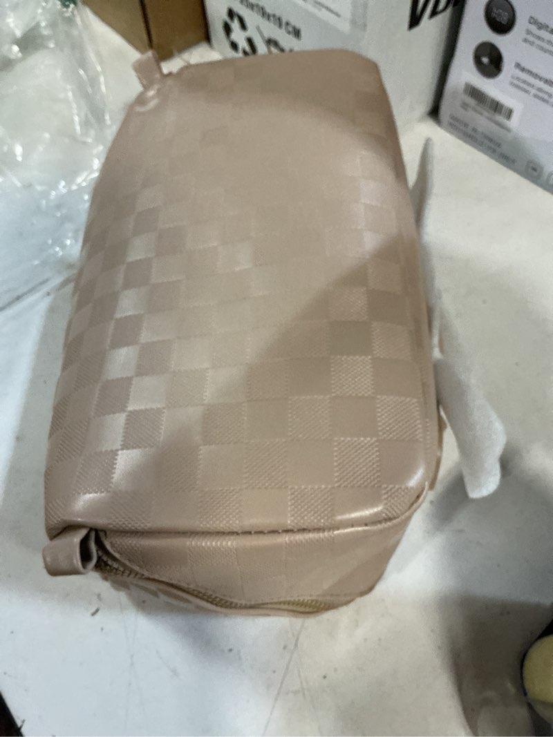 Condition photo showing Good Condition for large capacity travel cosmetic bag - portable makeup bags for women waterproof pu leather checkered makeup organizer bag with dividers and handle,toiletry bag for cosmetics large khaki-l