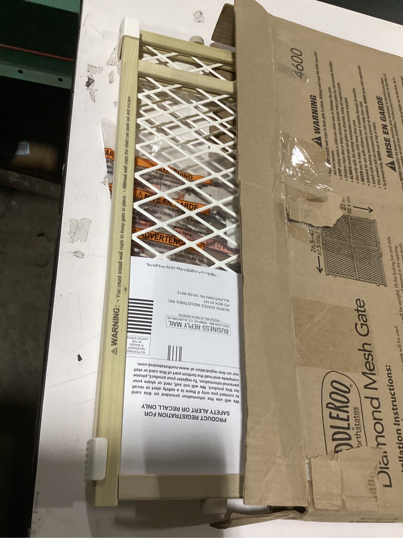 Condition photo showing New/Like New for toddleroo by north states diamond mesh wooden baby gate: 26.5"- 42" wide. pressure mounted baby gate for doorway. (23" tall, sustainable hardwood)