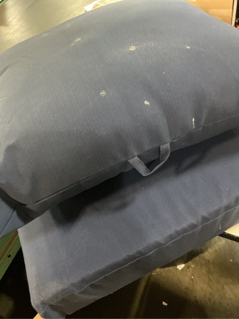 Condition photo showing As Is for mainstays 45"l x 22.75"w navy blue rectangle outdoor 2-piece deep seat cushion