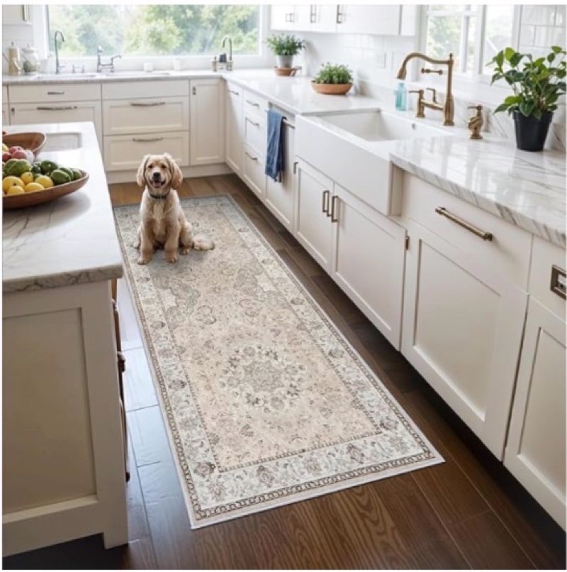 Hallway Washable Runner Rug - 3x6 Kitchen Rugs Entryway Rug Runner Vintage Soft Floor Mat Non Slip Indoor Farmhouse Carpet for Bathroom Living Room Bedroom (3 X 6, Beige)