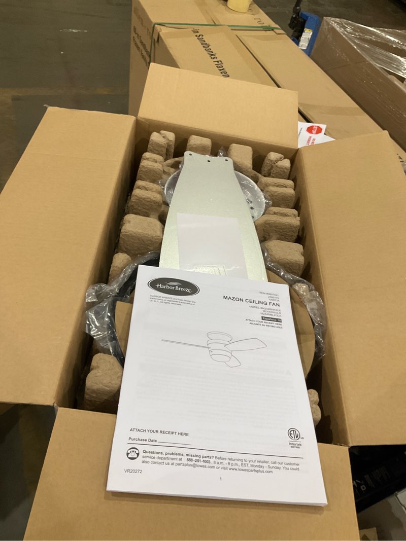 Condition photo showing Good Condition for 500+ bought last week harbor breeze mazon 44-in brushed nickel with brushed nickel/black blades led flush