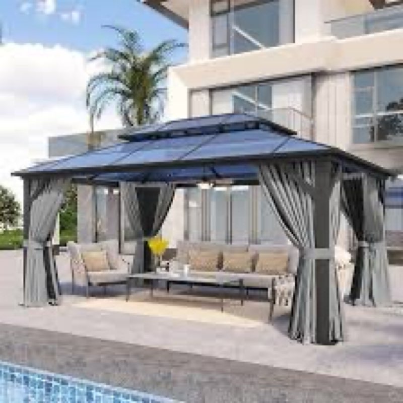 Aoxun 12x16FT Hardtop Gazebo, Aluminum Frame Permanent Pavilion ( incomplete box 1 of 3 )