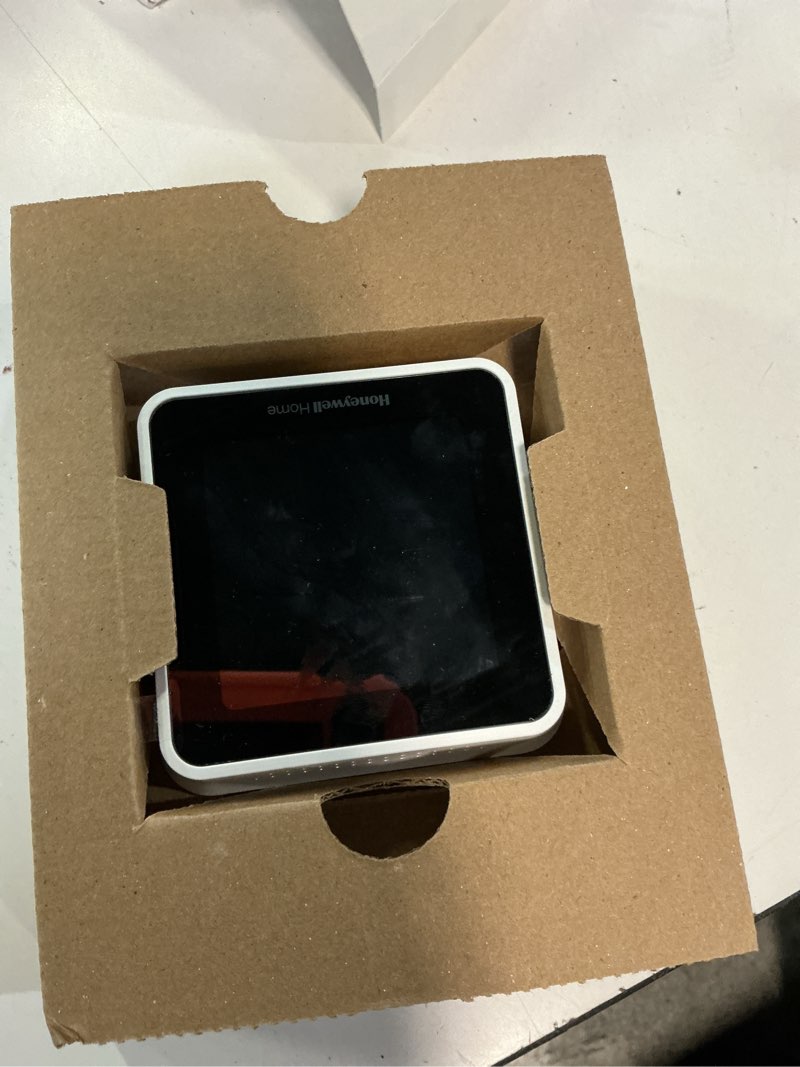 Condition photo showing As Is for honeywell home t5 smart with white bezel thermostat: 1-year warranty, plastic, 4.06" height, no battery required