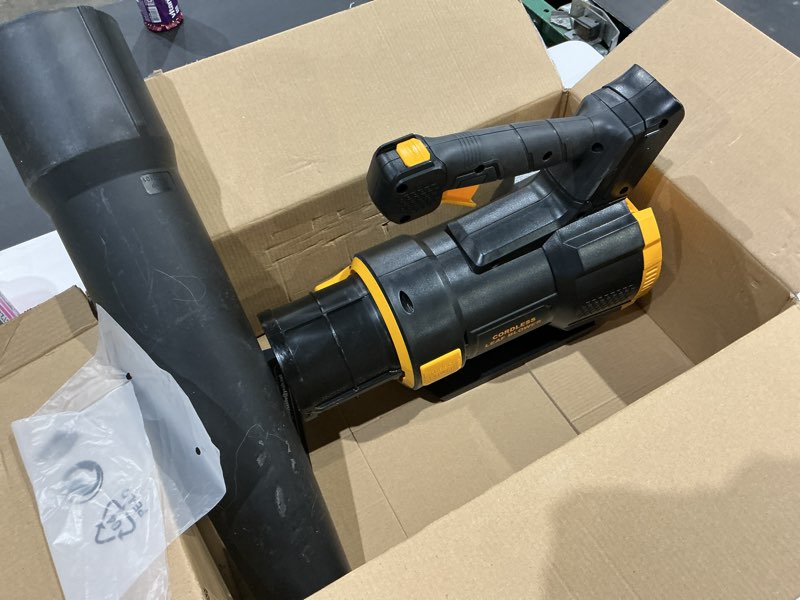 Condition photo showing As Is for leaf blower cordless (upgraded) - 630cfm/160mph, 21v powerful electric cordless leaf blower with 2 x 4.0ah batteries and charger, battery powered leaf blowers for lawn care, patio, yard, dust, snow yellow