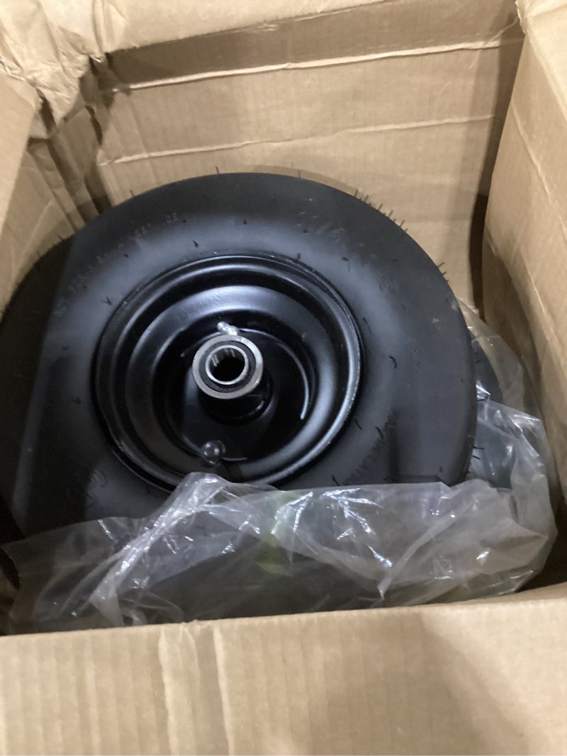 Condition photo showing New/Like New for ar-pro (2-pack) 11x4.00-5 tire and wheel assembly, 11x4-5 lawnmower tire (4-ply) and rim with tube, 3.4” centered hub with 3/4” bearings, universal lawn mower/yard tractor turf tires 11 x 4.00-5" pneumatic black(rib tread)