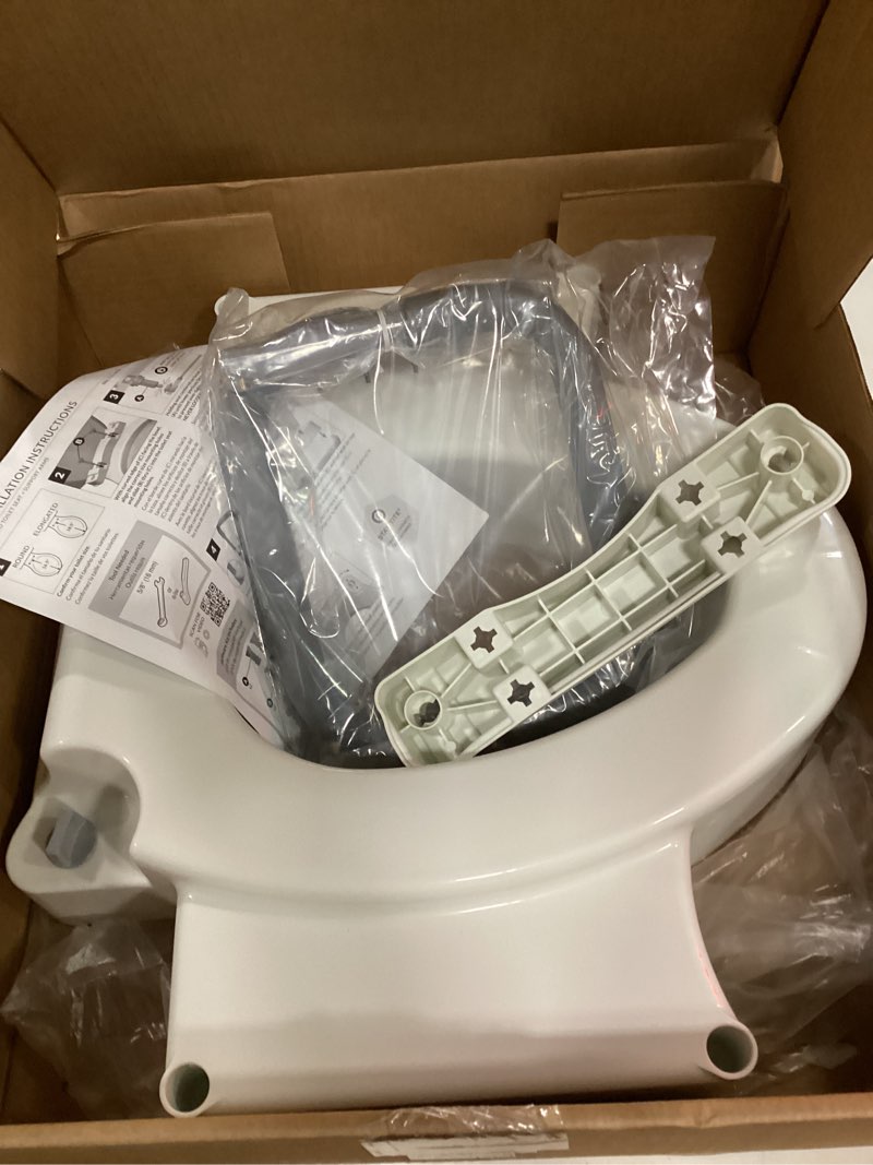 Condition photo showing New/Like New for bemis rise 4.5" raised toilet seat with support handles, hinges never loosen, fits round and elongated raised seat with handles