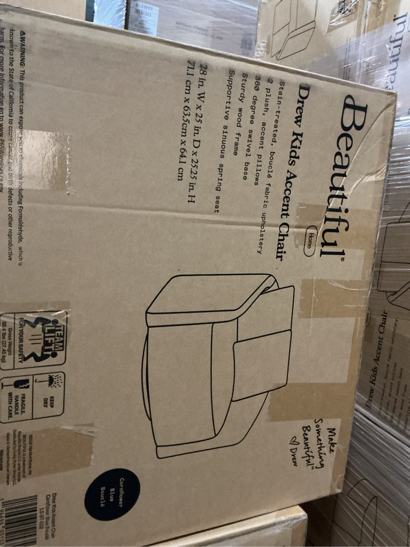 Condition photo showing New/Like New for beautiful drew kids accent chair by drew barrymore, cornflower blue  bouclé fabric