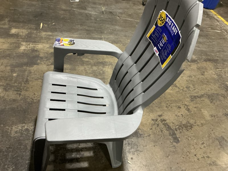 Condition photo showing As Is for adams patio stackable charcoal plastic frame stationary adirondack chair with slat seat