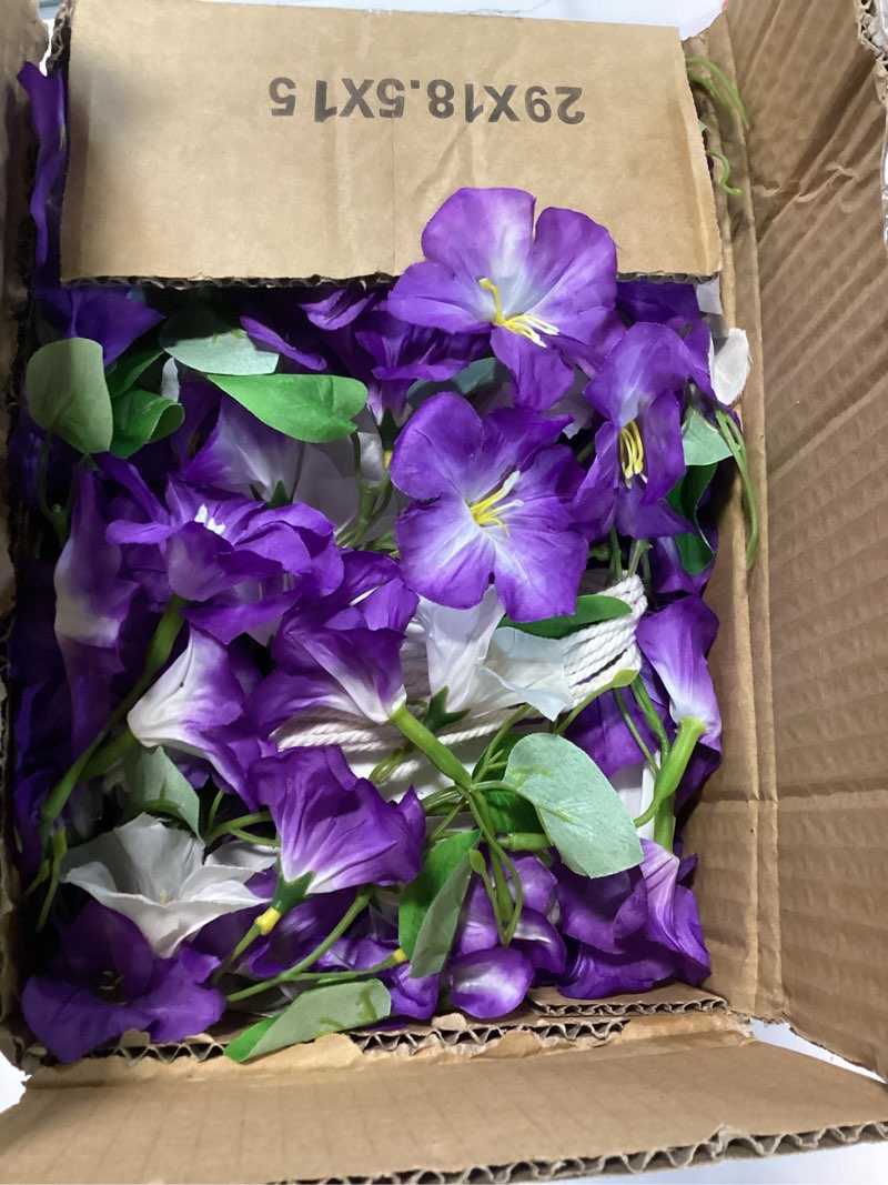 Condition photo showing Good Condition for artificial hanging flowers with basket for outdoors, 2 pack fake petunia flowers uv resistant, realistic faux hanging plants for home porch patio garden balcony yard decor (purple white)