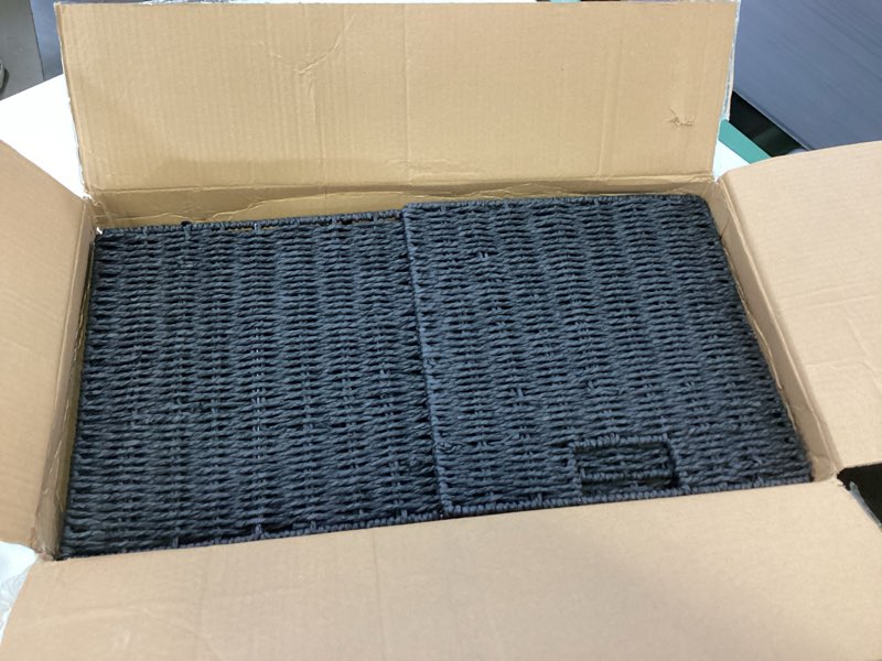 Condition photo showing Good Condition for Set of 2 Hand-Woven Paper Rope Wicker Baskets, Storage Basket, Foldable Cube Storage Bins, Black Storage Cubes, Square Baskets for Organizing Shelves Decor, 12x12x12in Paper Rope Black