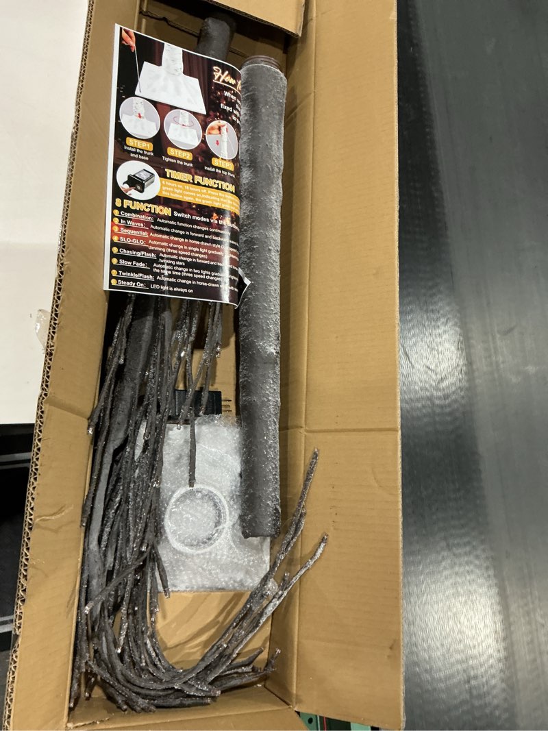 Condition photo showing Good Condition for 6 ft Lighted Flocked Birch Tree 8 Modes Warm White 160 LED Birch Tree Lights with Timer for Outdoor Christmas Decorations Indoor Home Thanksgiving Wedding Festival Party