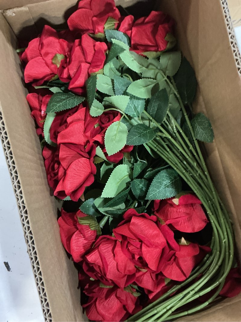 Condition photo showing Good Condition for innogear 50 pcs red roses artificial flowers, fake velvet silk rose bulk faux flower for valentine's gift decoration diy wedding centerpieces proposal bridal bouquets party floral decor (50, red) red 50