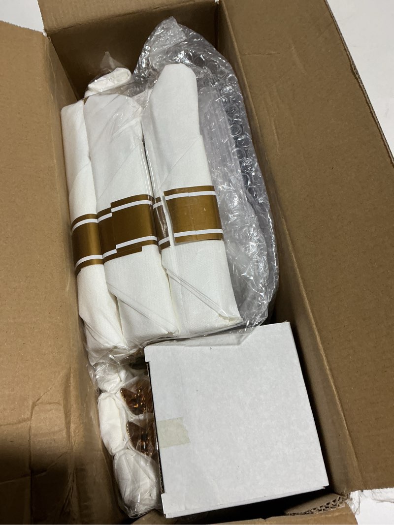 Condition photo showing Good Condition for Hioasis 175pcs White and Gold Plastic Plates - Gold Plastic Dinnerware Set Includes 25 Dinner Plates, 25 Dessert Dinnerware, 25 Cups, 25 Rolled Napkin Cutlery Perfect for Wedding & New Year White and Gold 175 Pieces (25 Guests)