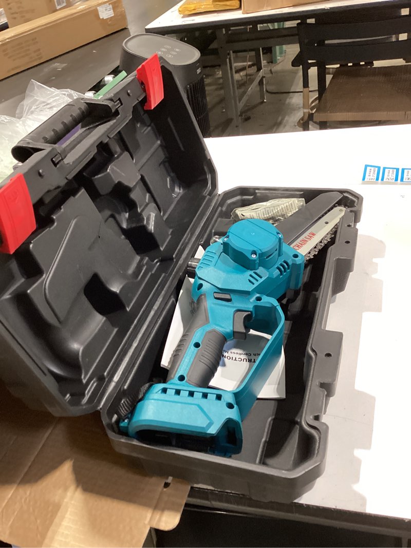 Condition photo showing Good Condition for mini chainsaw cordless, 6 inch electric chain saw, with power display for wood/tree cutting, garden & household use stocking holiday gifts for men, fathers & gardening enthusiasts blue02