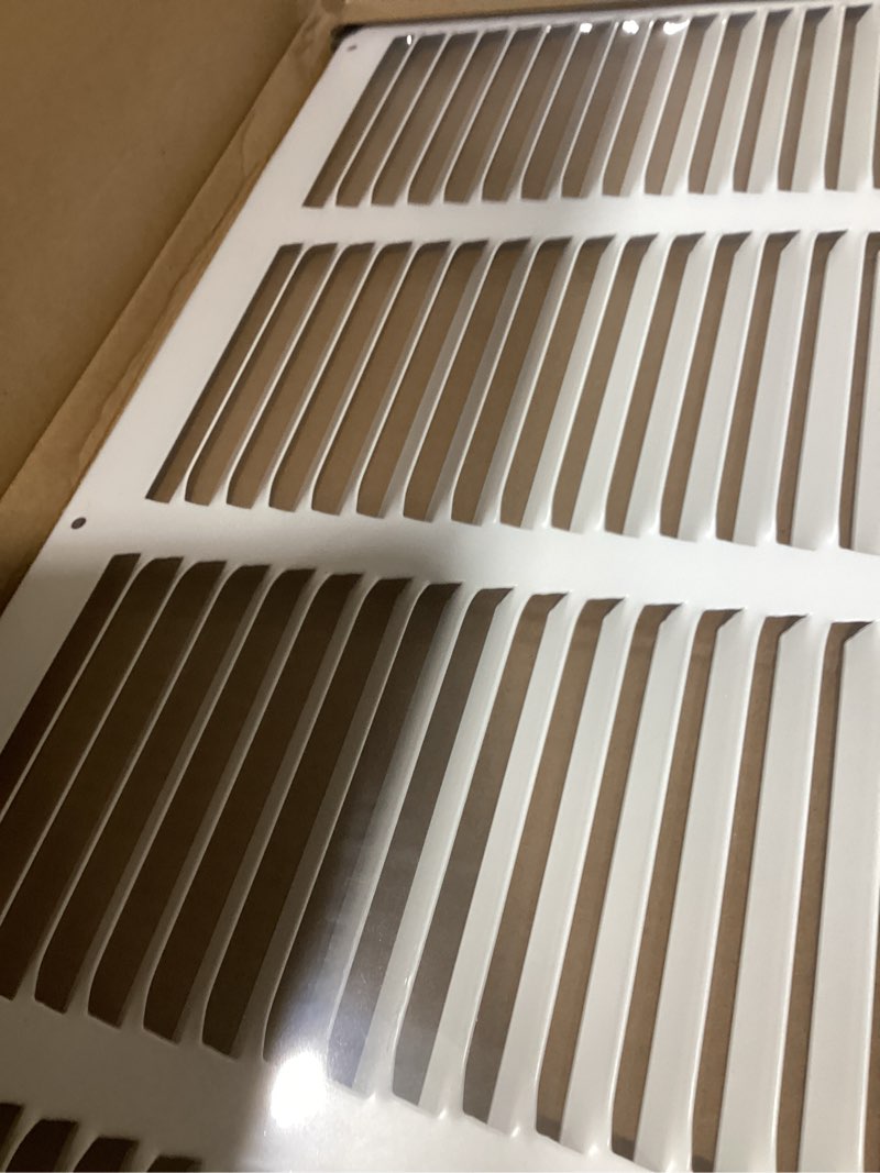 Condition photo showing Good Condition for fits 20x16 duct opening stamped steel return air grille vent cover grille for sidewall and ceiling in white surface dimensions: 21.75"w x 17.75"h (20" w x 16" h duct opening)