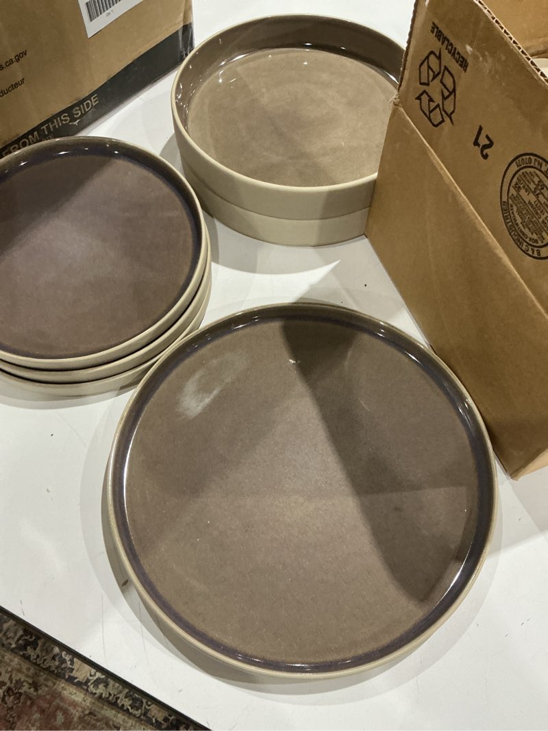 Condition photo showing Good Condition for incomplete gibson elite liberty bay 16-piece pottery clay stoneware dinnerware set – mocha brown reactive glaze, stackable plates and bowls w/pasta bowl, service for 4 – microwave & dishwasher safe mocha brown (liberty bay) service for 4 (16pcs)
