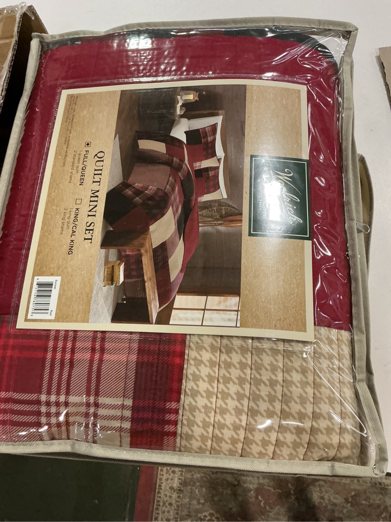 Condition photo showing Good Condition for Woolrich Sunset Reversible Quilt Set - Cottage Styling Reversed to Solid Color, All Season Lightweight Coverlet, Cozy Bedding Layer, Matching Shams, Oversized Full/Queen, Plaid Red 3 Piece Sunset Red Oversized Full/Queen