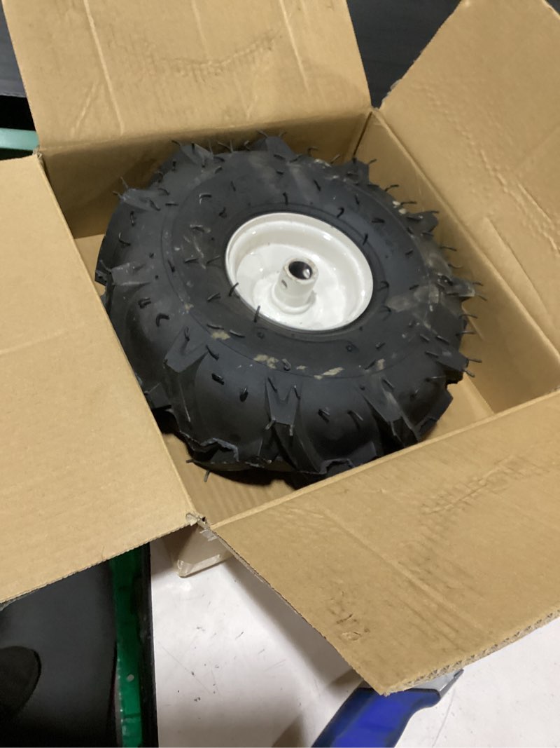 Condition photo showing As Is for 11x4.00-4" tubeless tiller tire and wheel, 3/4" axle size, 3-1/8" centered hub, agriculture super lug tractor & trencher tire, compatible with craftsman & troy-bilt tiller, 1 pack 1 pack-11x4.00-4