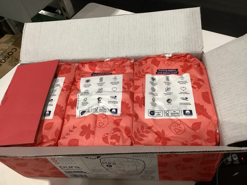 Condition photo showing New/Like New for pura hypoallergenic diaper pants size 6 (33+ lbs) overnight, up to 12 hours leak protection, suitable for sensitive skin, totally chlorine free, soft organic cotton, 3 packs of 17 (51 pull up pants) size 6 (51 diaper pants)