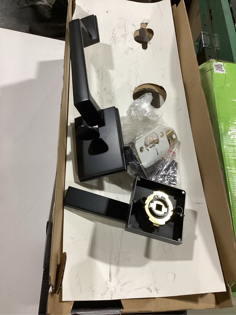 Condition photo showing As Is for Kwikset Henley Front Door Lock Handle and Deadbolt Set, Entry Handleset Exterior with Interior Reversible Lever, Matte Black, Pick Resistant SmartKey Rekey Deadbolt Security, with Microban Protection
