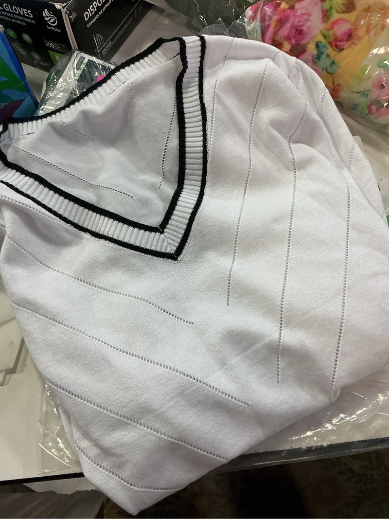 Condition photo showing New/Like New for lomon womens sweaters puff short sleeve lightweight knit summer fall tops dressy v-neck work blouses business casual outfits white black stripe x-large