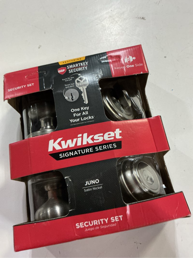 Condition photo showing Good Condition for kwikset juno keyed entry door knob and single cylinder deadbolt combo pack with microban antimicrobial protection featuring smartkey security in satin nickel satin nickel 1 pack combo pack