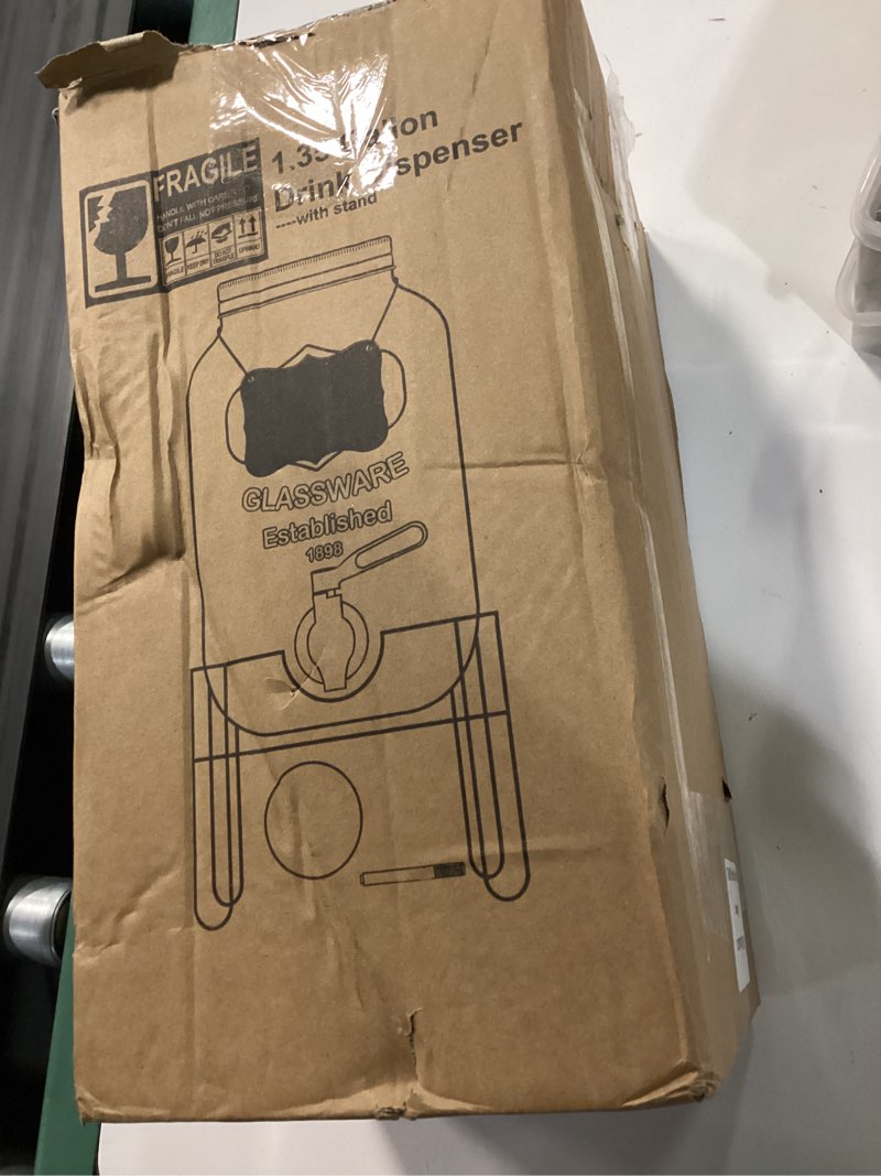 Condition photo showing New/Like New for drink dispenser 1.35 gallon glass beverage dispenser with stand & stainless steel spigot, drink dispensers for parties with fruit infuser for lemonade, iced tea, juice, laundry detergent