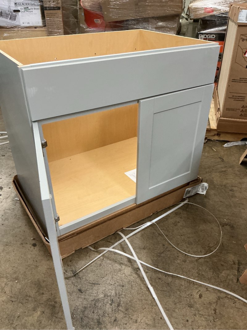 Condition photo showing New/Like New for hampton bay shaker 36 in. w x 24 in. d x 34.5 in. h assembled sink base kitchen cabinet in dove gray