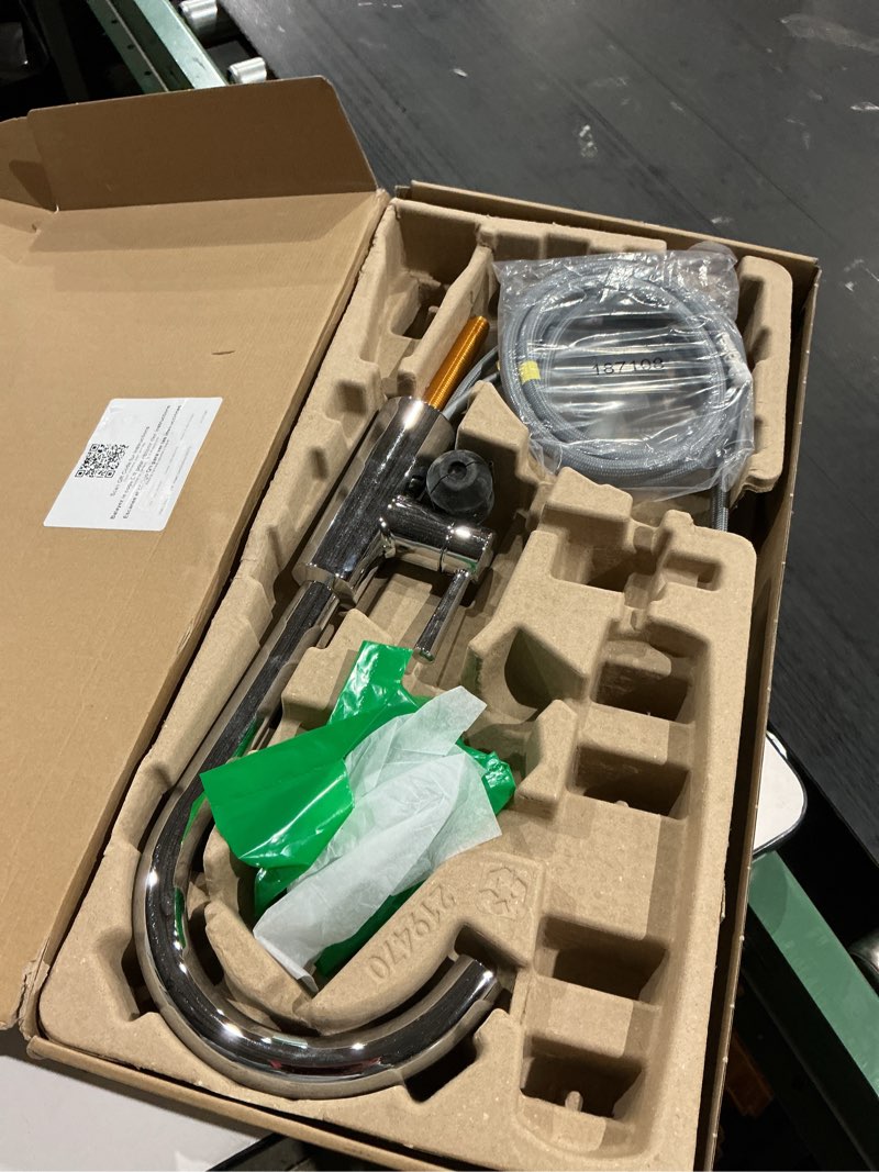 Condition photo showing As Is for moen riley chrome one-handle pulldown kitchen faucet featuring power boost for a faster clean and reflex docking system for the spray head, modern kitchen sink faucet, 7402c standard chrome