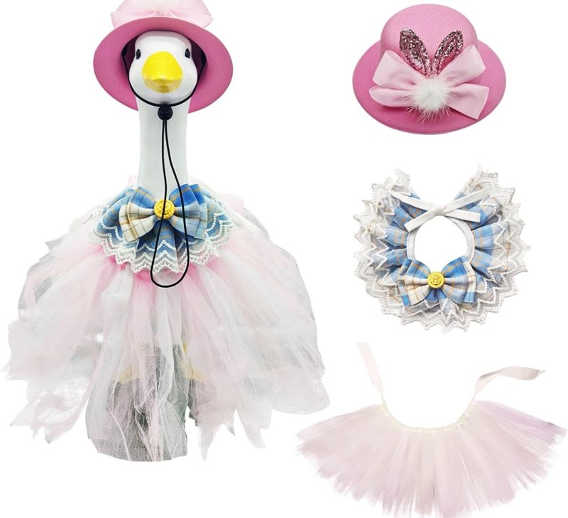 Princess Style Porch Goose Costume for 17-23 Inch Lawn Statue with Pink Satin Derby Hat, Fluffy Tutu Skirt and Schoolgirl Plaid Scarf - Cute Garden Patio Decor
