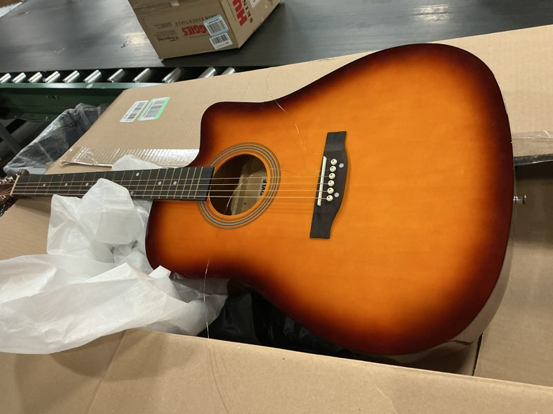 Condition photo showing As Is for ashthorpe 41-inch beginner cutaway acoustic guitar package (sunburst), full size basic starter kit w/gig bag, strings, strap, tuner, picks