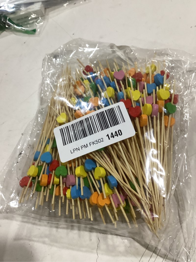 Condition photo showing Good Condition for 300 Counts Heart Toothpicks Heart Cocktail Picks, Bamboo Toothpicks Appetizers Fruit Skewers Cupcakes Sandwich Long Cocktail Picks for Valentine's Day Birthday Wedding Baby Shower