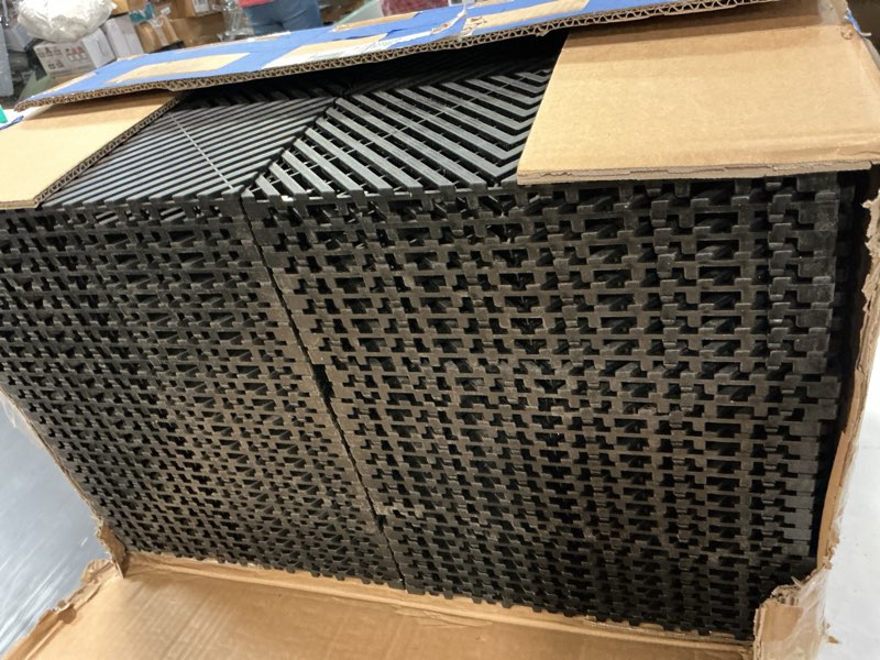 Condition photo showing As Is for vevor interlocking drainage mat, 12” x 12” modular interlocking cushion, 40 pcs splicing drainage mats, non-slip black pp drainage floor tile and shower mat, for garage, garden, kitchen & outdoor