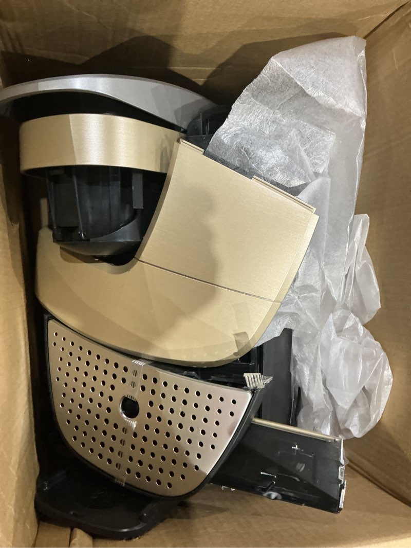 Condition photo showing As Is for keurig k-elite single serve k-cup pod coffee maker, with strength and temperature control, iced coffee capability, 8 to 12oz brew size, programmable, brushed gold