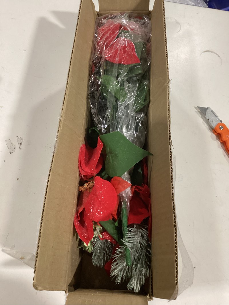 Condition photo showing Good Condition for Admired by Nature 12 Stems Artificial Poinsettia Mixed Flower Bouquet - Faux Flower Arrangement for Holiday Home Decor, Christmas Decorations, Funerals, Weddings, Crafts, Events - Red Set of 2 Red Ornament Poinsettias