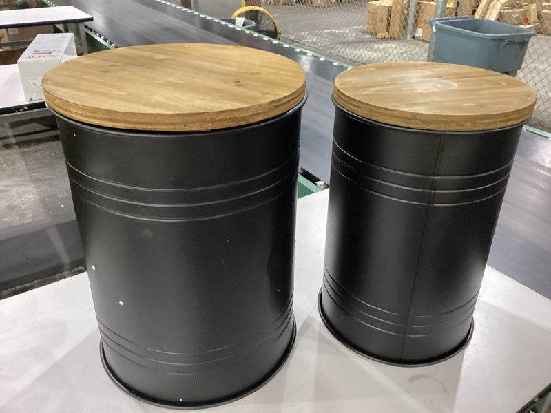 Condition photo showing Good Condition for Poofzy Farmhouse End Tables Set of 2, Galvanized Metal Decor Side Table with Wood Lid, Coffee Table Storage Stool for Living Room (Black)