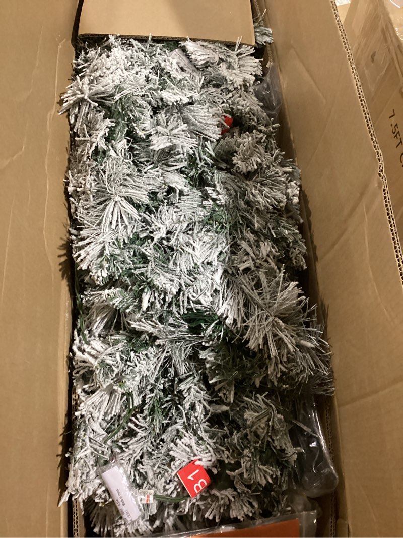 Condition photo showing As Is for Pre-Lit Christmas Tree 7.5ft Snow Flocked, Artificial Spruce, 600 Clear Lights, Feel Real Hinged Xmas Trees Snow Green 7ft 6in