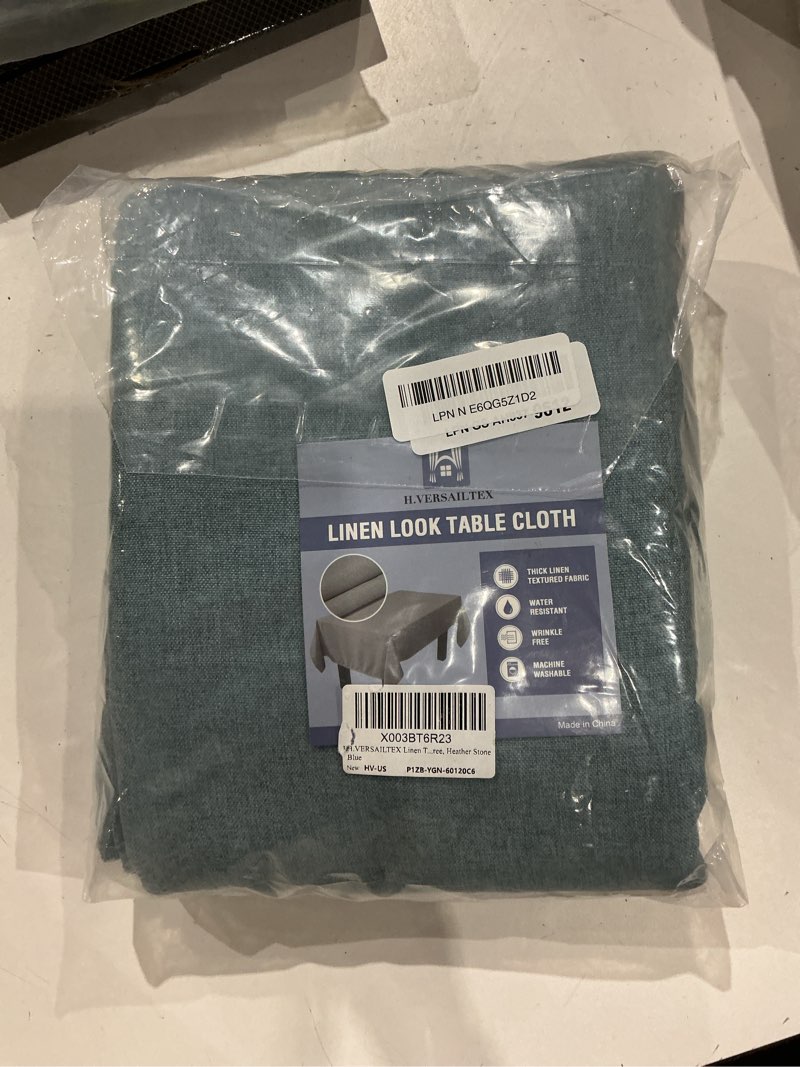 Condition photo showing Good Condition for h.versailtex linen textured tablecloth 60 x 120 waterproof decorative table cloth spill-proof linen look cover for party table extra soft and thick fabric wrinkle free, heather stone blue 120" x 60" (rectangular) heather stone blue